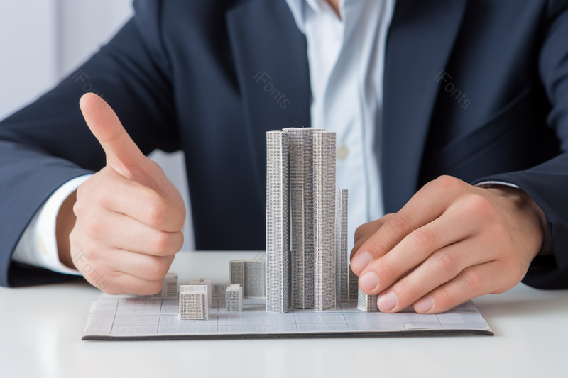 金融贸易炒房科技商务西装男人桌面一只手拿楼房模型一只手点赞实拍,高清,摄影图,摄影图片,图片大全,摄影图免费下载